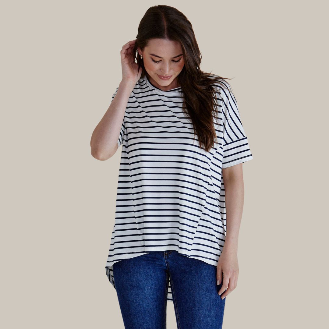 Betty Basics Romona Relax Bamboo Tee | White/Navy Stripe available at Bear & Moo