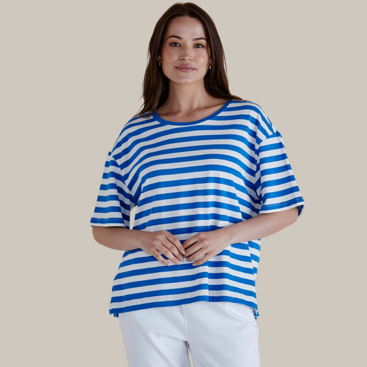 Betty Basics Relax Boxy Tee | Azure Blue Stripe available at Bear & Moo
