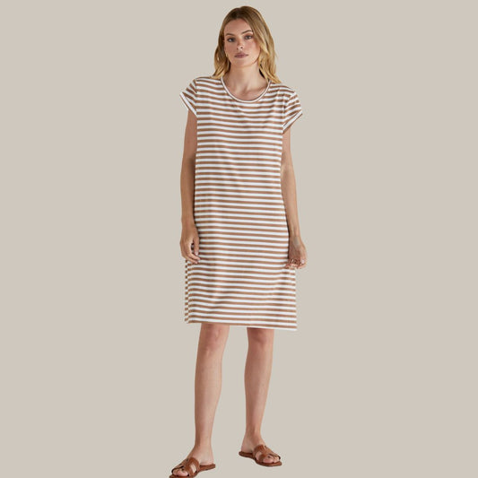 Betty Basics Rue Dress | Beige Stripe available at. Bear & Moo