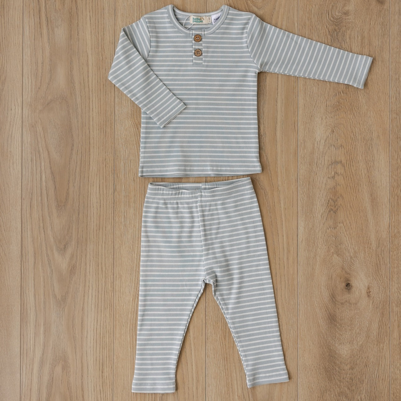 Hello Poppet Ribbed Pyjamas in Blue + White available at Bear & Moo