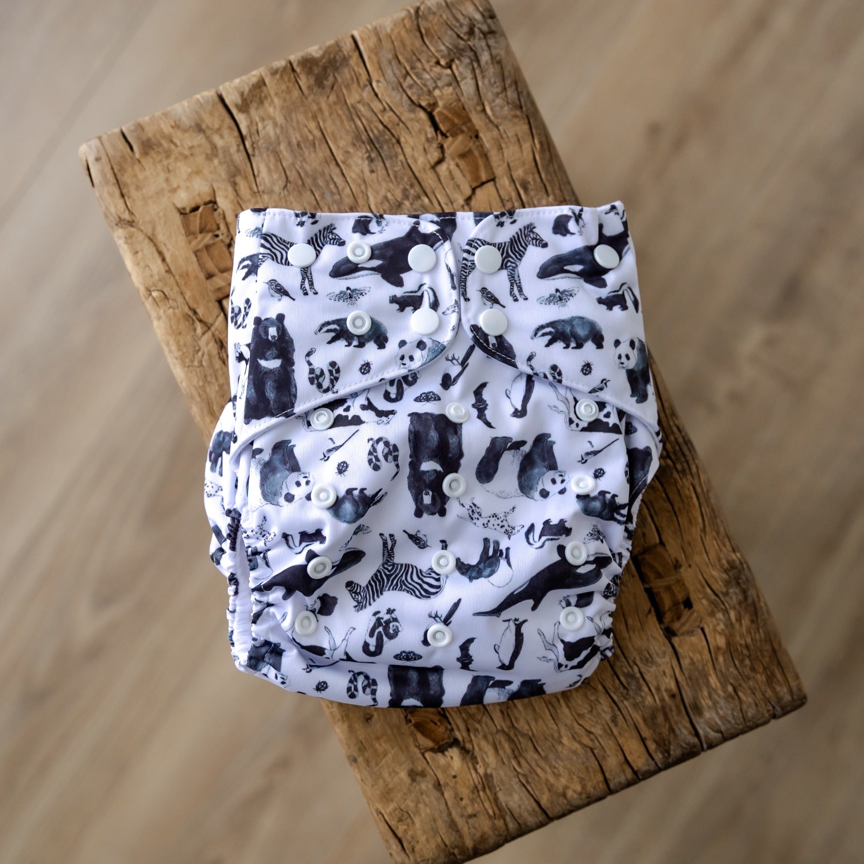 Bear & Moo Reusable Cloth Nappy | Large in Monochrome Animals print