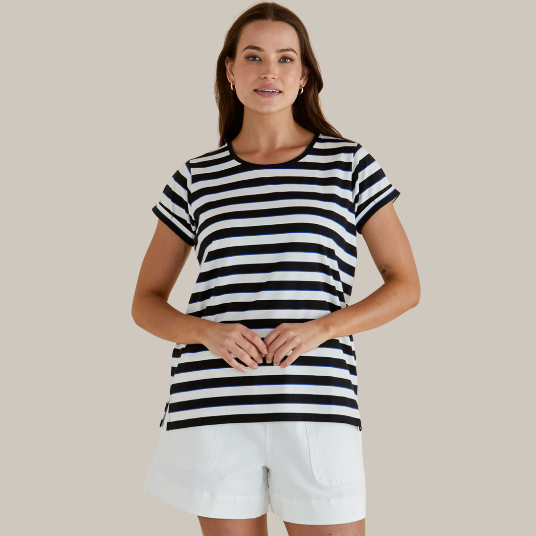 Betty Basics Caia Crew Tee | Blue/Black Stripe available at Bear & Moo