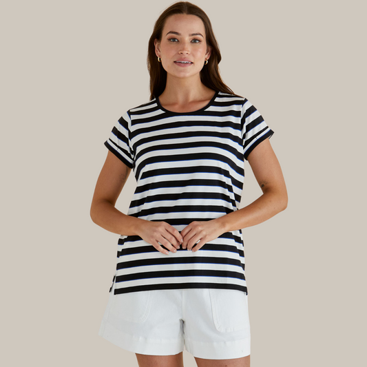 Betty Basics Caia Crew Tee | Blue/Black Stripe available at Bear & Moo