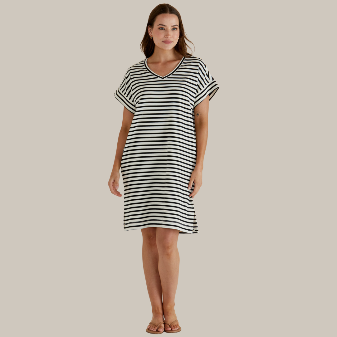 Betty Basics Elise V-Neck Rib Dress | White/Black Stripe available at Bear & Moo