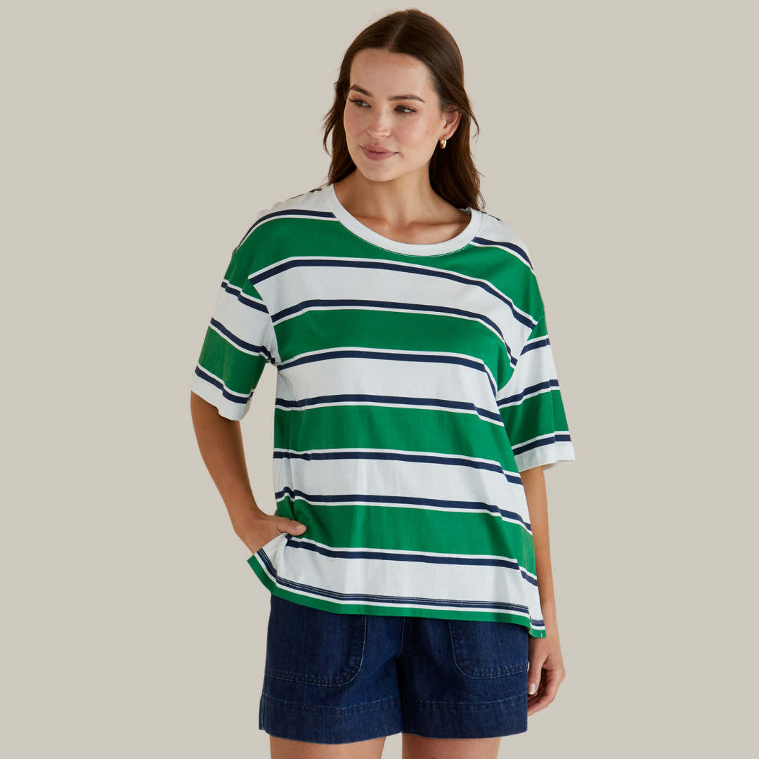 Betty Basics Relax Boxy Tee | Navy/Green Stripe available at Bear & Moo