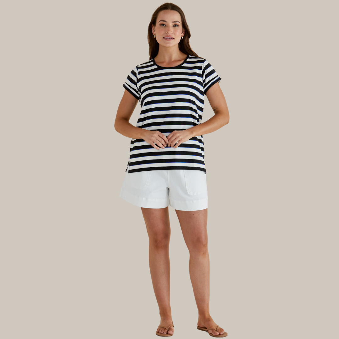 Betty Basics Caia Crew Tee | Blue/Black Stripe available at Bear & Moo