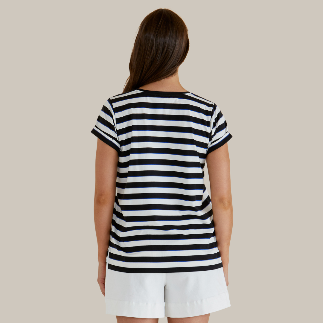 Betty Basics Caia Crew Tee | Blue/Black Stripe available at Bear & Moo