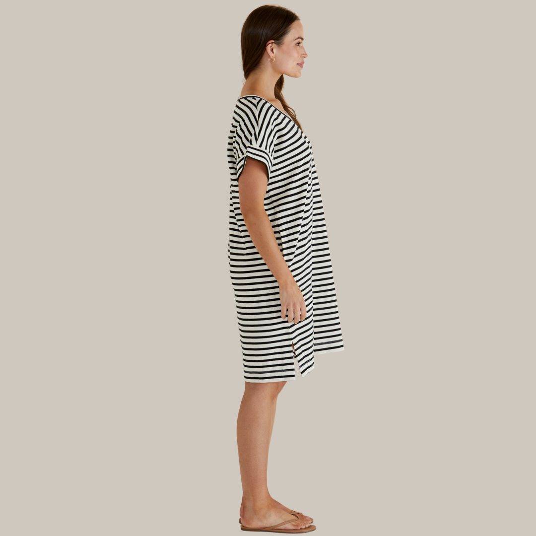 Betty Basics Elise V-Neck Rib Dress | White/Black Stripe available at Bear & Moo