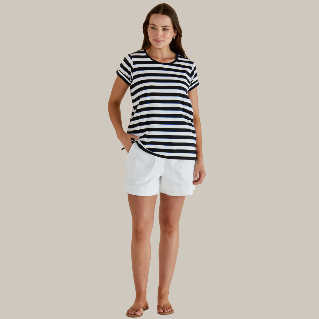 Betty Basics Caia Crew Tee | Blue/Black Stripe available at Bear & Moo