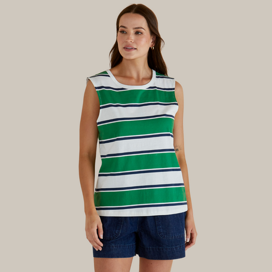 Betty Basics Jordyn Tank | Navy/Green Stripe available at Bear & Moo