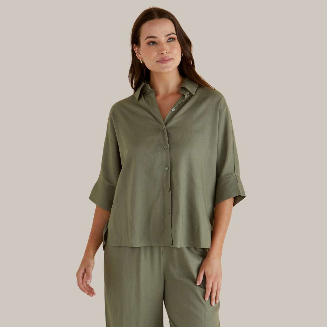 Betty Basics Lynwood Linen Shirt | Olive available at Bear & Moo