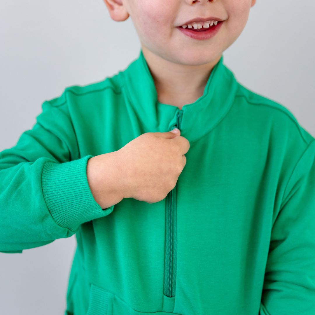 Hello Poppet Half Zip Crew | Kids cotton jumpers available in pink & green at Bear & Moo