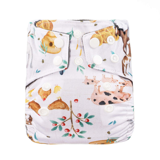 Bear & Moo Reusable Microfibre & Charcoal Bamboo Newborn Nappy in Farm Fun print