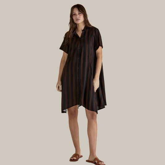 Betty Basics Jasmine Dress | Chocolate Stripe available at Bear & Moo