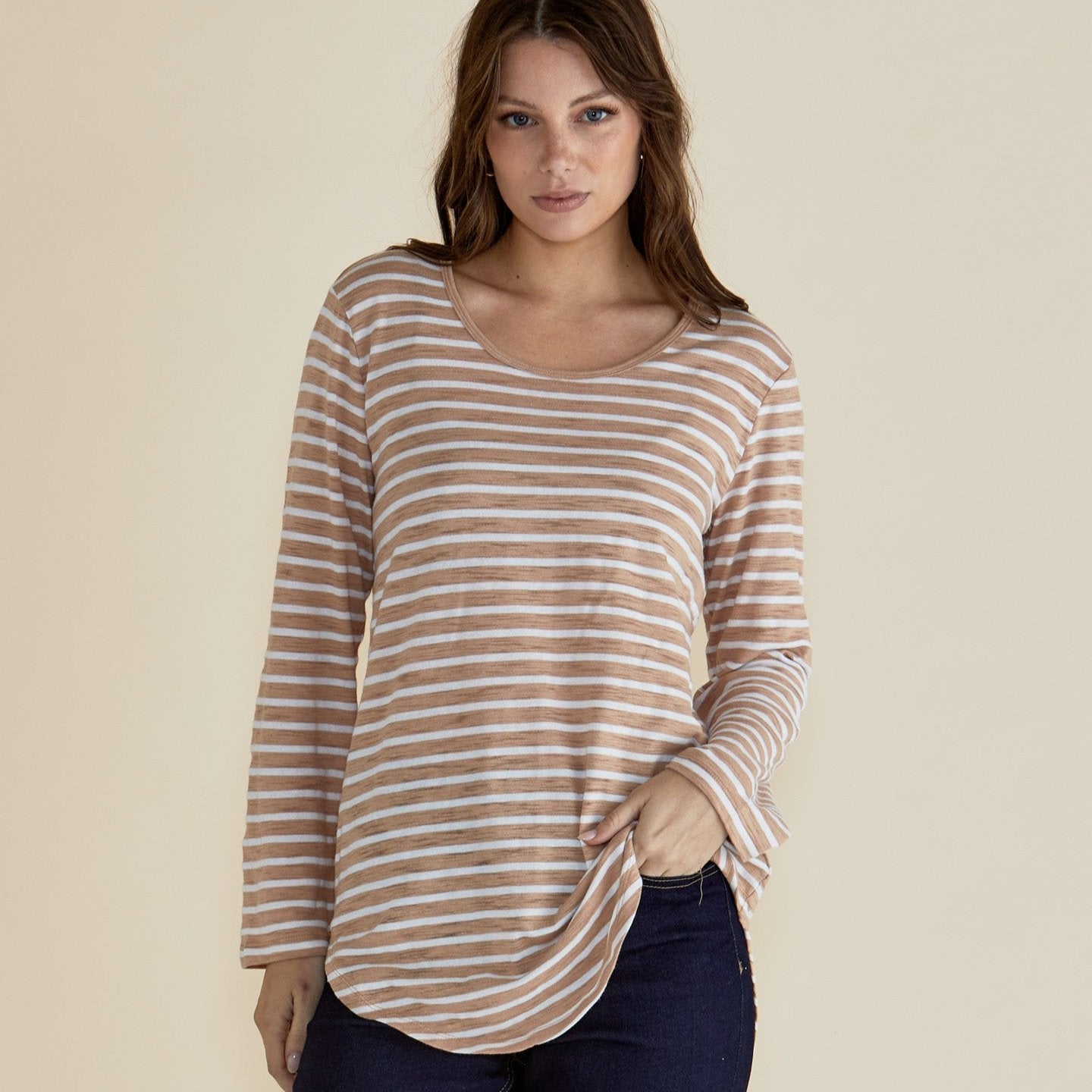 Betty Basics Megan Long Sleeve Top | Beige Stripe available at Bear & Moo