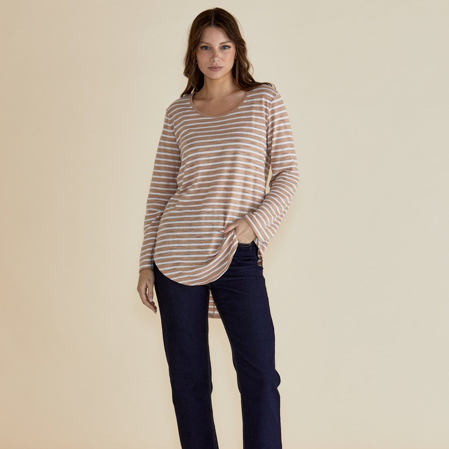 Betty Basics Megan Long Sleeve Top | Beige Stripe available at Bear & Moo