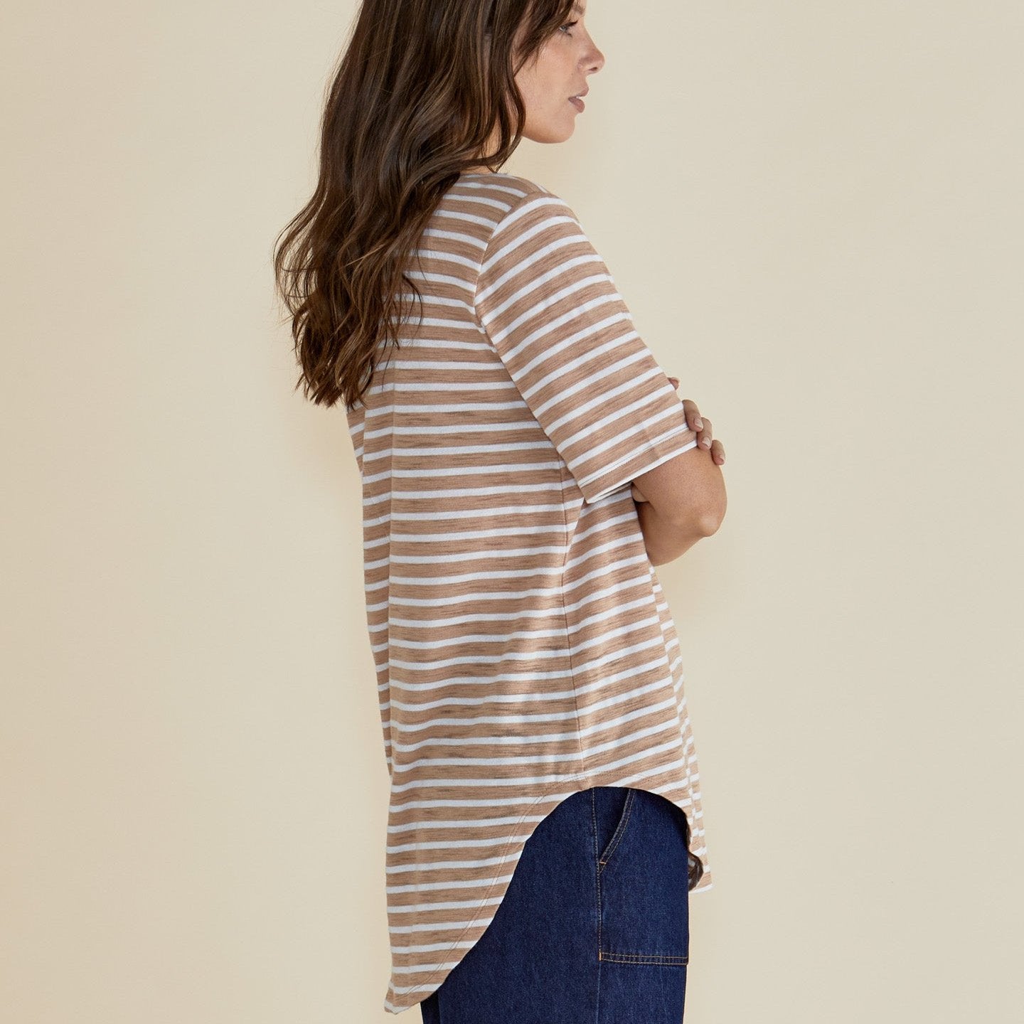 Betty Basics Ariana Tee | Beige Stripe available at Bear & Moo