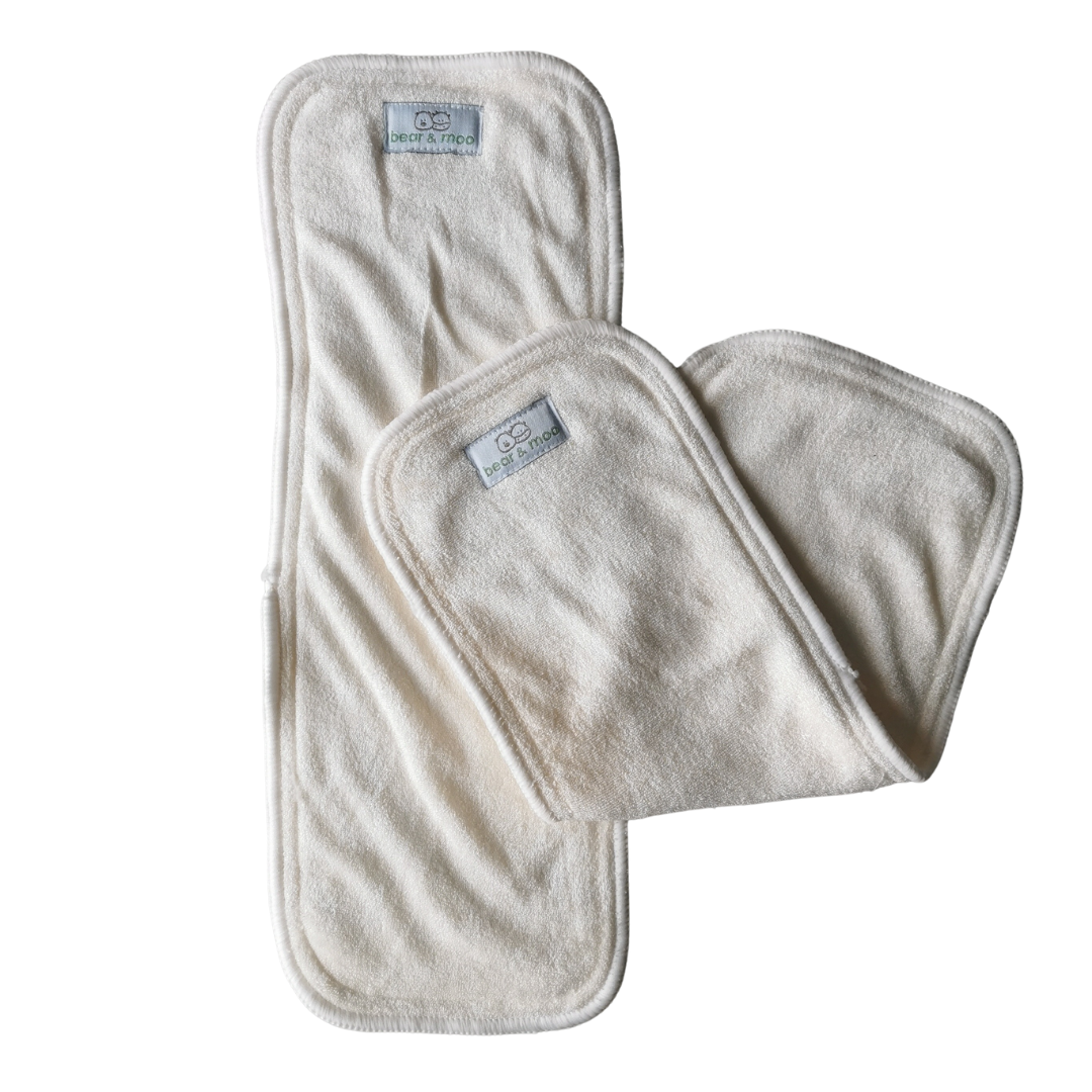 White reusable bamboo nappy inserts made from bamboo for cloth nappies from Bear & Moo