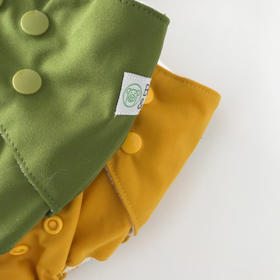 One Size Fits Most Reusable Cloth Nappy in Olive  and Mustard by Bear and Moo